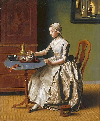 Jean-Étienne Liotard, Das Schokoladenmädchen (La Chocolatière). Um 1745 (Klassizismus, Frau, nachdenklich, Tablett, Kännchen, Chocolatiere, Schokoladenkanne,  Getränk,  Tasse, heiße Schokolade, Tischchen, Milchkännchen, Esszimmer, Wohnzimmer, Klassiker, Wunschgröße)