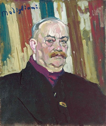 Amadeo Modigliani, Portrait von Joseph Levi. Um 1909 (Modigliani,Amadeo,1884-1920,Christie's Images Ltd,Öl auf Leinwand,20. Jahrhundert,Portrait,Amedeo Modigliani,1909,Amadeo Modigliani,Mann,Schnurrbart,älter,älterer,schwarz,Glatze,Streifen,Brustbild,Joseph Levi)