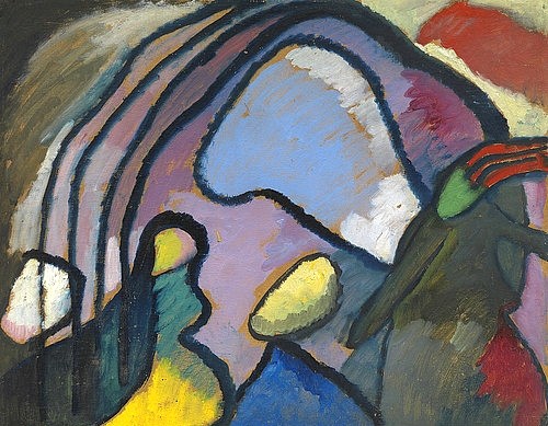 Wassily Kandinsky, Studie für Improvisation 10. 1910 (Kandinsky,Wassily,1866-1944,Öl/Karton,Privatbesitz,20. Jahrhundert,Abstraktion,Kandinsky, Wassily,violett,blau,gelb,figurative Elemente,schwarz,schwarze Linien,ruhig)