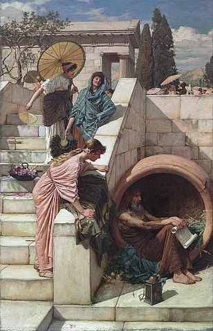 John William Waterhouse, Diogenes. 1882 (Waterhouse,John William,1849-1917,Öl auf Leinwand,19. Jahrhundert,Sydney,Art Gallery of New South Wales,John William Waterhouse,Philosoph, Diogenes von Sinope, Diogenes, Diogenes in der Tonne, Präraffaeliten,griechisch,viktorianisch,Asket,asketisch,Frauen)