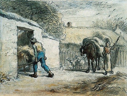 Jean-François Millet, Heimkehr vom Feld. (Bauerngenre, Landwirtschaft, Heuernte, Heimkehr, Realismus,  Wohnzimmer, Esszimmer, Treppenhaus, Klassiker, Zeichnung, Studie,  Wunschgröße, bunt)