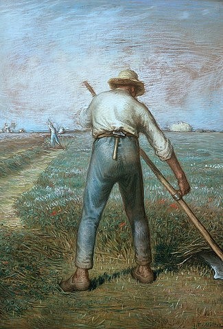 Jean-François Millet, Der Schnitter. Um 1866-68 (Bauerngenre, Landarbeit, mühsam, anstrengend, Feldarbeiter, Feld, Sense, Schnitter,  Realismus, Malerei, Wohnzimmer, Klassiker, Wunschgröße, bunt)