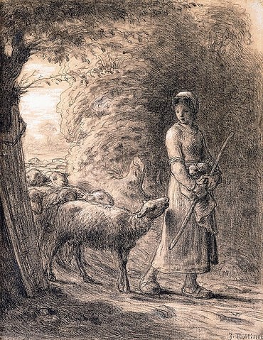 Jean-François Millet, Das Lämmchen. Um 1860 (Schäferin, Schafhirtin, Tierhüterin, Frau, Schafe, Bauerngenre, Realismus,  Wohnzimmer, Esszimmer, Treppenhaus, Klassiker, Zeichnung, Studie,  Wunschgröße, schwarz/weiß)