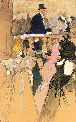 Henri de Toulouse-Lautrec, Opernball (Au bal de l'opéra). 1893 (Jugendstil,Öl,Kohle und Gouache auf Papier,aufgelegt auf Holz,Toulouse-Lautrec,Henri de,1864-1901,20. Jahrhundert,19. Jahrhundert,Christie's Images Ltd,Henri de Toulouse-Lautrec,Balkon,Ball,Oper,ausgehen,Kohle,Abendkleider,Abendgarderobe,Männer,Frauen,Zyl)
