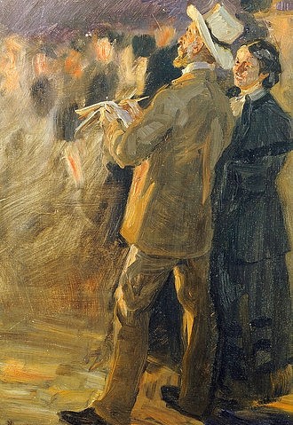 PEDER SEVERIN KROYER, Der Künstler Laurits Tuxen (1853-1927) mit seiner Frau auf dem St. Hans Bal, Skagen. 1893 (Kroyer,Peter Severin,1851-1909,Christie's Images Ltd,Öl auf Leinwand,19. Jahrhundert,Portrait,Impressionismus,Peder Severin Kroyer,Ehepaar,Paar,Mann,Frau,Maler,skizzieren,Momentaufnahme, den Moment festhalten,Ehefrau,Ball,dänisch,skandinavisch,Skagen,Stud)