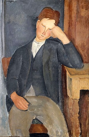 Amadeo Modigliani, Der Lehrling (Le jeune apprenti). 1918-19 (Modigliani,Amadeo,1884-1920,Paris,Musée de l'Orangerie,Öl auf Leinwand,20. Jahrhundert,Portrait,Modigliani, Amedeo,blaue Augen,Junge,junger Mann,aufgestützt,aufgestützter Kopf,sich ausruhen,sitzen,helle Farben,blaugrau,braun,müde)