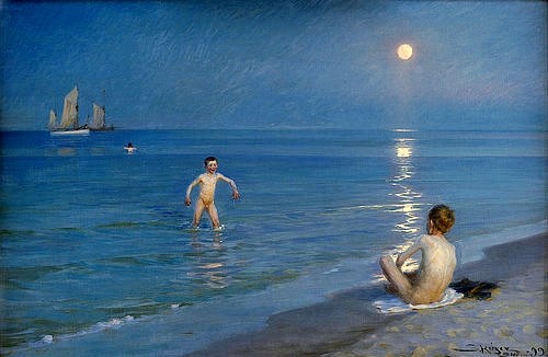 PEDER SEVERIN KROYER, Badende Knaben am Strand von Skagen. Sommerabend. 1899 (Kroyer,Peter Severin,1851-1909,Kopenhagen,Statens Museum,Öl auf Leinwand,19. Jahrhundert,20. Jahrhundert,Skandinavien,Krøyer,Kroyer,Peder Severin,Dänemark,Impressionismus,Sommer,Licht,Meer,Küste,Strand,Kind,Kinder,Junge,Jungen,Kindheit,baden,blau,Ferien,n)