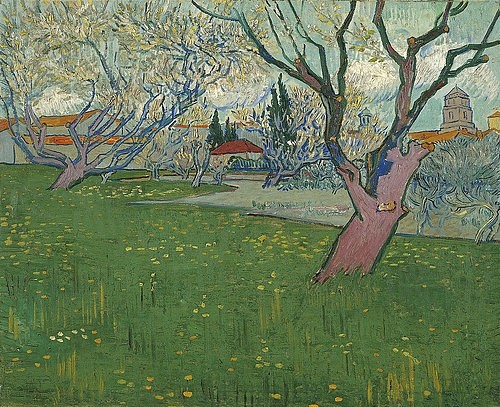 Vincent van Gogh, Blühender Obstgarten mit Blick auf Arles. 1889 (Gogh,Vincent van,1853-1890,Amsterdam,Van Gogh - Museum,Öl auf Leinwand,19. Jahrhundert,Post-Impressionismus,Garten,Vincent van Gogh,Garten,Baum,Wiese,Obstbäume,Obstbaum,Frühling,Blüte,Arles)