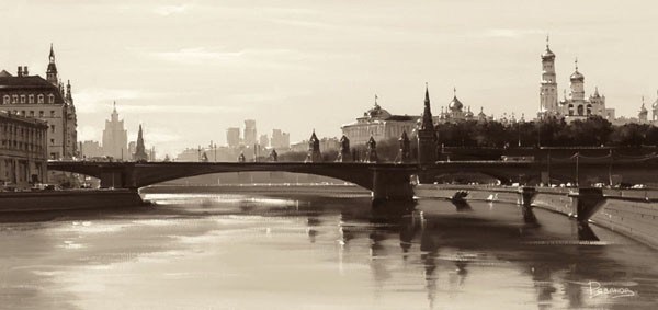 Ryazanov, BOLSHOY MOSKWORETSKY BRIDGE, MOSCOW (Photografie, Fotokunst, Moskau, Städte, Fluss, Brücke, Architektur, Gebäude, Büro, Wohnzimmer, Wunschgröße, schwarz/weiß)