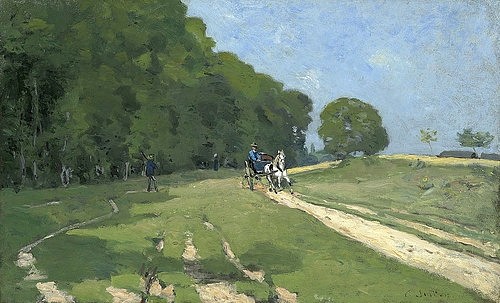 Alfred Sisley, Weg nahe des Parc de Courances (Chemin près du Parc de Courances). 1868 (Landschaft, Landschaftsmalerei, Sommer, Waldrand, Wiesen, Weg, Kutsche, Frankreich, Idylle, Wohnzimmer, Treppenhaus, Impressionismus, Klassische Moderne, Malerei, Wunschgröße, bunt)