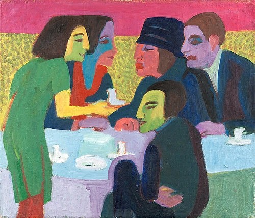 Ernst Ludwig Kirchner, Szene im Café. Um 1926 (Städel Museum,Frankfurt am Main,Kirchner,Ernst Ludwig,1880-1938,Öl auf Leinwand,20. Jahrhundert,Expressionismus,Copyright Horst Ziegenfusz,Ernst Ludwig Kirchner, Städel Museum,Gruppe,Tisch,Die Brücke,Unterhaltung,Männer,Frauen,Kaffeehaus,Cafe)