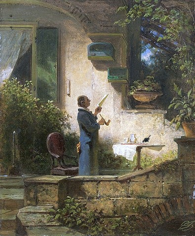 Carl Spitzweg, Ein wichtiges Schreiben. (Die Lektüre) (Malerei, Klassiker, Graten, Terrasse, Mann, Pfeiferraucher, Brief, Wunschgröße, Spätromantik, Wohnzimmer, Treppenhaus, bunt)