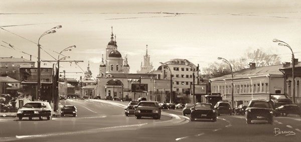 Ryazanov, SERGY RADONEZHSKY STREET (Photografie, Fotokunst, Städte, Architektur, Straße, Verkehr, Russland, Gebäude, Wunschgröße,  Wohnzimmer, schwarz/weiß)