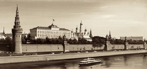 Ryazanov, VIEW ON KREMLIN (Photografie, Fotokunst, Moskau, Kreml, Turm,  Wolga, Städte, Architektur, Gebäude, Wohnzimmer, Wunschgröße, schwarz/weiß)