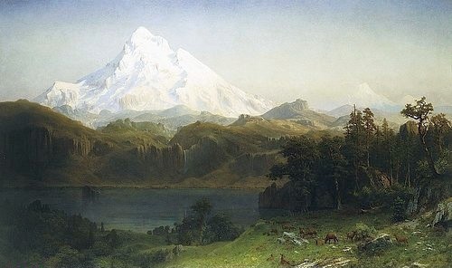 Albert Bierstadt, Mount Hood in Oregon. (19. Jahrhundert,Öl auf Leinwand,Christie's Images Ltd,Bierstadt,Albert,1830-1902,Copyright ? Christie's Images Ltd / Photo ? Christie's Images Ltd,albert bierstadt,landschaft,usa,amerika,berg,natur,idylle,friedlich,stille,ruhe,schnee,schneebedeckt)