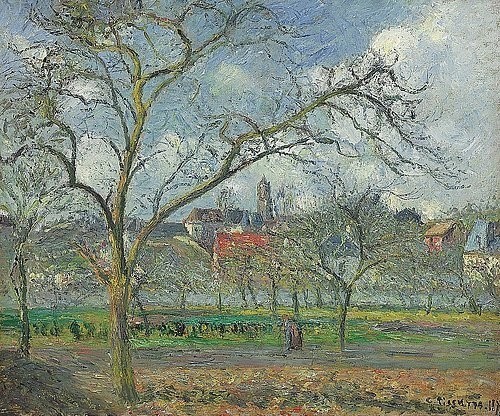 Camille Pissarro, Obstgarten bei Saint-Ouen-l'Aumone im Winter. / Verger a Saint-Ouen-l'Aumone en hiver. 1877. (Impressionismus,19. Jahrhundert,Copyright ? Christie's Images Ltd / Photo ? Christie's Images Ltd,Öl auf Leinwand,Christie's Images Ltd,1830-1903,Pissarro,Camille,camille pissarro,garten,impressionistisch,winter,baum,bäume,kahl,dorf,ländlich,frankreich,fr)