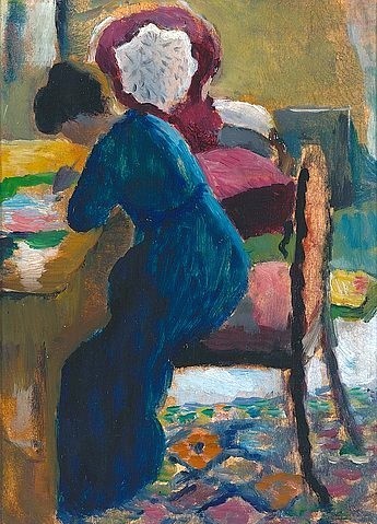 August Macke, Elisabeth am Schreibtisch. 1909/10 (Macke,August,1887-1914,Münster,LWL-Museum für Kunst und Kultur<br>Westfälisches Landesmuseum,Öl auf Holz,20. Jahrhundert,Dauerleihgabe aus Privatbesitz,August Macke,Frau,sitzen,Stuhl,Wohnzimmer,Schreibtisch,schreiben,Elisabeth,Blauer Reiter,Interieur,zu H)