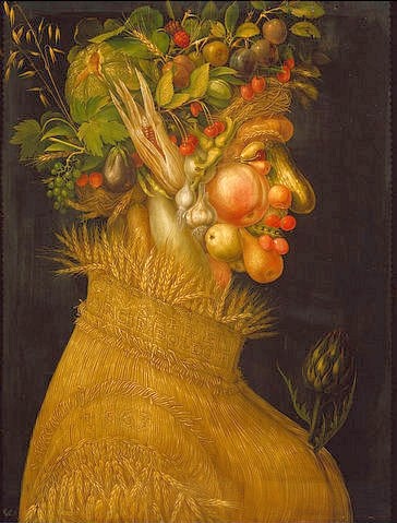 Giuseppe Arcimboldo, Der Sommer. 1563 (Wunschgröße, Gesicht, Portrait, Früchte, Gemüse, Ähren, Jahreszeit, Personifizierung, bizarr, Manierismus, Allegorie, Figurativ, Klassiker, Wohnzimmer, Esszimmer, bunt)