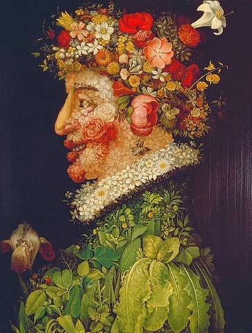 Giuseppe Arcimboldo, Der Frühling. 1563 (Wunschgröße, Gesicht, Portrait, Blumen, Blüten, Blätter, floral, Jahreszeit, Personifizierung, bizarr, Manierismus, Allegorie, Figurativ, Klassiker, Wohnzimmer, Esszimmer, bunt)