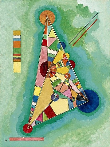 Wassily Kandinsky, Bunt im Dreieck. 1927 (Öl/Masonit,Abstraktion,20. Jahrhundert,Privatbesitz,1866-1944,Kandinsky,Wassily,Kandinsky, Wassily,Dreieck,bunt,Farben,farbenfroh,heiter,Kreise,hell,helle Farben, Bauhaus,Farbspektrum,Farbpalette)