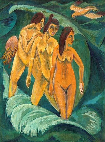 Ernst Ludwig Kirchner, Die drei Badenden. 1913 (Kirchner,Ernst Ludwig,1880-1938,Öl auf Leinwand,20. Jahrhundert,Expressionismus,Sydney,Art Gallery of New South Wales,Kirchner, Ernst Ludwig,Die Brücke,Akt,Akte,Frau,Frauen,baden,Badende,Meer,Welle,Wellen,grün,Qualle,Vogel,Möwe,drei,gelb,beige,stehen,Steh)