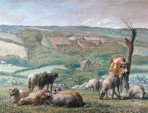 Jean-François Millet, La Ferme du Lieu-Bailly. 1871 (Schafe, Schafherde, Kuh, Weiden, Landschaft, Bauernhof, Bauerngenre, Realismus,  Wohnzimmer, Esszimmer, Treppenhaus, Klassiker, Zeichnung, Studie,  Wunschgröße, bunt)