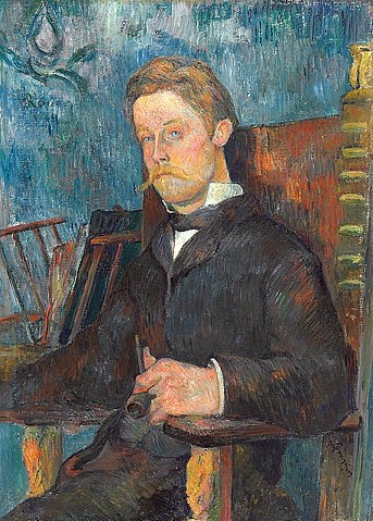 Paul Gauguin, Portrait eines Mannes. 1884 (Gauguin,Paul,1848-1903,Christie's Images Ltd,Öl auf Leinwand,19. Jahrhundert,Portrait,Paul Gauguin,1884,armlehne,blond,Schnurrbart,blaue Augen,blauer Hintergrund,blau,Pfeife,Anzug,sitzen,nachdenklich,müde,traurig)