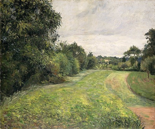 Camille Pissarro, Le Fond de St. Antoine, Pontoise. 1876 (Pissarro,Camille,1830-1903,Christie's Images Ltd,Öl auf Leinwand,19. Jahrhundert,Impressionismus,Landschaft,Camille Pissarro,1876,auf dem Land,ländlich,Gras,Wiese,Feld,grün,Natur,Bäume,niemand,Ruhe,friedlich,Weg,Perspektive,Frankreich,Pontoise)
