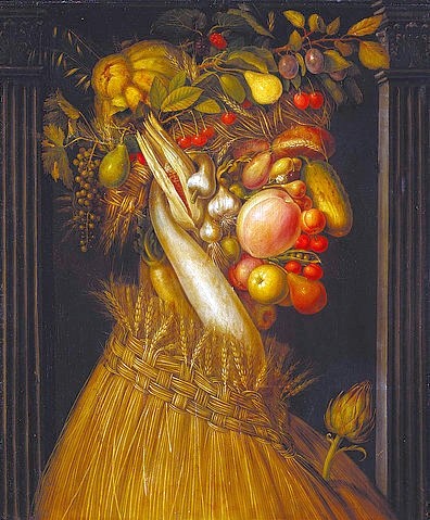 Giuseppe (Kopie nach...) Arcimboldo, Der Sommer. (Wunschgröße, Gesicht, Portrait, Früchte, Gemüse, Ähren, Jahreszeit, Personifizierung, bizarr, Manierismus, Allegorie, Figurativ, Klassiker, Wohnzimmer, Esszimmer, bunt)