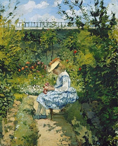 Camille Pissarro, Jeanne im Garten, Pontoise (Jeanne au Jardin, Pontoise). Um 1872 (Pissarro,Camille,1830-1903,Christie's Images Ltd,Öl auf Leinwand,19. Jahrhundert,Impressionismus,Camille Pissarro,1872,Mädchen,Garten,draußen,blaues Kleid,Fußweg,Gartenweg,impressionistisch,Jeanne,Pontoise,sitzen,seitlich,Sonnenlicht,grün)