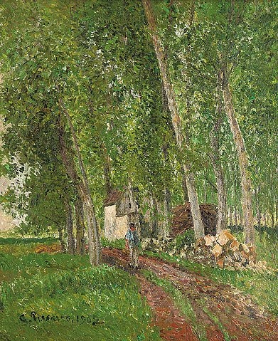 Camille Pissarro, Weg bei Moret (Undergrowth at Moret). 1902 (Pissarro,Camille,1830-1903,Christie's Images Ltd,Öl auf Leinwand,19. Jahrhundert,20. Jahrhundert,Impressionismus,Landschaft,Camille Pissarro,Waldweg,Bäume,Wald,Waldrand,Mann,Moret,draußen,Weg,Unterholz,grün,auf dem Land,ländlich,Laub)
