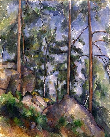 Paul Cézanne, Kiefern und Felsen (Fontainebleau?). Um 1897 (New York,Museum of Modern Art,Cézanne,Paul,1839-1906,Öl auf Leinwand,19. Jahrhundert,Landschaft,Post-Impressionismus,Paul Cézanne,Bäume,Wald,Kiefern,Kiefernbäume,Felsen,Untersicht,Hang,Baumstämme,Natur)