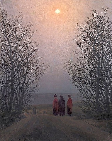 Caspar David Friedrich, Ostermorgen. Um 1828-35 (Romantik,19. Jahrhundert,Öl auf Leinwand,Madrid,Thyssen-Bornemisza,1774-1840,Friedrich,Caspar David,Caspar David Friedrich,Ostern,Ostermorgen, Morgen,morgens,drei Frauen,Weg,Kirchgang,Sonnenaufgang,Kirchgänger)