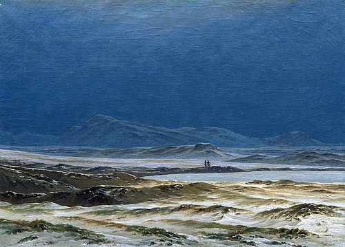 Caspar David Friedrich, Nordische Landschaft im Frühling. Um 1825 (Washington,National Gallery,Friedrich,Caspar David,1774-1840,Öl auf Leinwand,19. Jahrhundert,Romantik,Landschaft,Friedrich, Caspar David,karg,karge Landschaft,Weite,blau,Himmel,erhaben,sublime,Wanderer,einsam,weiter Blick,nordisch,Nordeuropa)