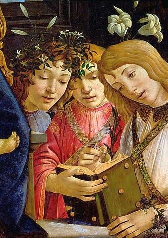 Sandro Botticelli, Maria mit dem Kind, Johannes dem Täufer und Engeln. Detail. Around 1490. (Detail, Lilien, Symbolik, Engel, goldenes Buch, Renaissance, Klassiker, Wunschgröße, Schlafzimmer, Wohnzimmer, bunt,)