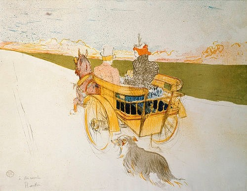 Henri de Toulouse-Lautrec, Ausfahrt im Einspänner. 1897. (Toulouse-Lautrec,Henri de,1864-1901,Christie's Images Ltd,Lithographie,Wagen,Toulouse-Lautrec, Henri de 1864-1901, Frankkreich, französisch, Mann, Frau, Rückenansicht, Illustration, Grafik, grafisch, Comic, Hund, Kutsche, Pferde, Paar, Eheleute, Verliebte)