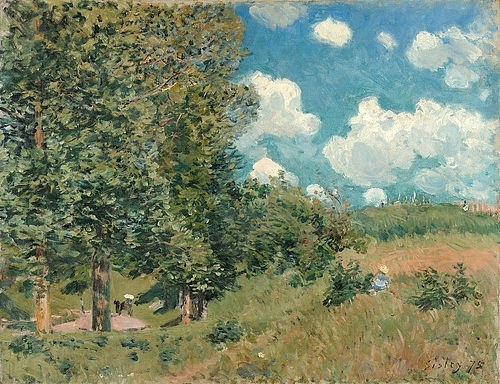 Alfred Sisley, Die Straße von Versailles nach Saint-Germain. 1875 (Sisley,Alfred,1839-1899,Los Angeles,J. Paul Getty Museum,Öl auf Leinwand,19. Jahrhundert,Impressionismus,Landschaft,Sisley, Alfred,Frankreich,Landschaft,Kurve,Straße,Figuren,flüchtig,flüchtige Malweise,saftiges Grün,Gras,Bäume,Sommer,Sommertag,Weinberg,Wo)