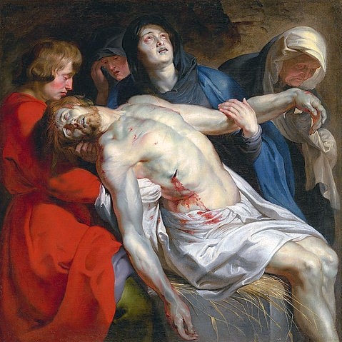 Peter Paul Rubens, Die Grablegung Christi. Um 1612 (Rubens,Peter Paul,1577-1640,Los Angeles,J. Paul Getty Museum,Öl auf Leinwand,17. Jahrhundert,Barock,Religion,Christliche Kunst,Rubens, Peter Paul,flämisch,Johannes der Täufer,rot,Jesus Christus,Maria Magdalena,Maria,Leid,Trauer,Trauernde,Leichnam,Blut,Wun)