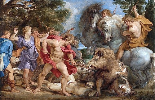 Peter Paul Rubens, Die Jagd des Kalydonischen Ebers. Um 1611-12 (Rubens,Peter Paul,1577-1640,Los Angeles,J. Paul Getty Museum,Öl auf Holz,Barock,Mythologie,Peter Paul Rubens,Eberjagd,Kalydonischer Eber,Krieger,Meleager,wild,Tier,Wildtier,Leichnam,Ankaios,Ovid,Metamorphosen,Bestie,Lanze,Speer,Reiter,Mann,Jagd,angreifen,)