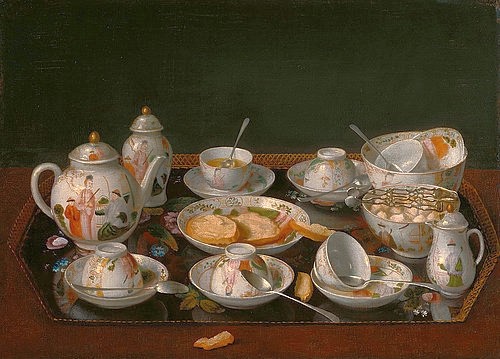 Jean-Étienne Liotard, Stillleben: Teeservice. Um 1781-83 (Klassizismus, Stillleben, Tablett, Gebäck, Porzellan, chinesisch, Service, Tee, Tassen, Teekanne, Zuckerdose, Milchkännchen, Esszimmer, Wunschgröße, Klassiker)