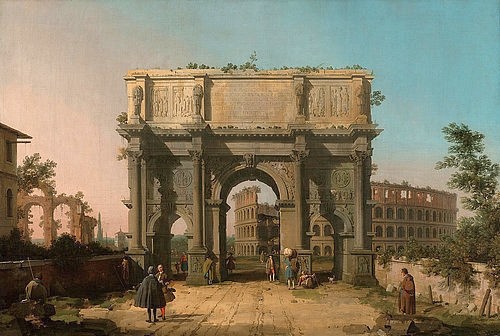 Canaletto (Giovanni Antonio Canal), Der Konstantinsbogen mit dem Kolosseum. 1742-45 (Canaletto (Giovanni Antonio Canal),1697-1768,Los Angeles,J. Paul Getty Museum,Öl auf Leinwand,18. Jahrhundert,Architektur,antike,Canaletto,Giovanni Antonio Canal,Italien, Antike Rom Architektur, Römisch Geschichte,Triumphbogen, Amphitheater,Kolosseum Rom,)