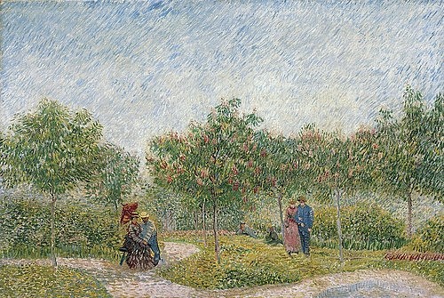 Vincent van Gogh, Garten mit Paaren: Square Saint-Pierre. 1887 (Gogh,Vincent van,1853-1890,Amsterdam,Van Gogh - Museum,Öl auf Leinwand,19. Jahrhundert,Vincent van Gogh,Paris,Paar,Paare,Spaziergang,Spaziergänger,sonnig,romantisch,Park,Sonnenschirm,pointillistisch,Liebespaar,Bäume,Frühling)