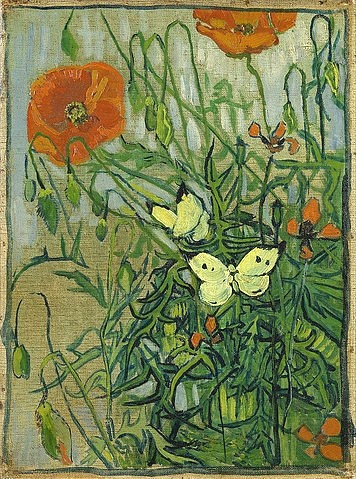 Vincent van Gogh, Schmetterlinge und Mohnblumen. 1889 (Gogh,Vincent van,1853-1890,Amsterdam,Van Gogh - Museum,Öl auf Leinwand,19. Jahrhundert,Vincent van Gogh,Schmetterling,Schmetterlinge,Wiese,Mohn,Mohnblumen,rot,Natur,Skizzenhaft,Kohlweißling)