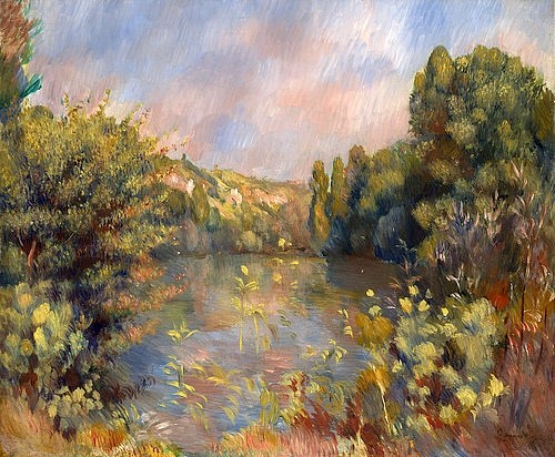 Pierre-Auguste Renoir, Landschaft mit einem See. Um 1889 (Landschaft, Wald, Weiher, See, Natur, Spätsommer, herbstlich, Bäume, Impressionismus, klassische Moderne, Wunschgröße, Wohnzimmer, Malerei)