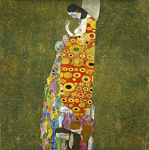 Gustav Klimt, Die Hoffnung II. 1907 (New York,Museum of Modern Art,Klimt,Gustav,1862-1918,Öl auf Leinwand,20. Jahrhundert,Jugendstil,Wiener Moderne,Gold,Collage,klimt,ornamental,ornamente,frau,golden,wien,wiener secession,farbenprächtig,prachtvoll,allegorie,werdende mutter,schwanger,schwange)