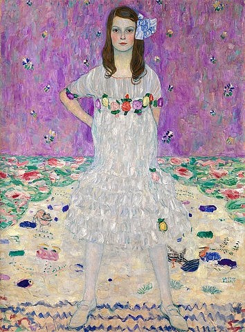 Gustav Klimt, Mäda Primavesi (1903?2000). 1912. (Klimt,Gustav,1862-1918,New York,Metropolitan Museum,Öl auf Leinwand,20. Jahrhundert,Jugendstil,Wiener Moderne,Gustav Klimt,wiener secession,mädchen,kleid,festlich,ornamental,kind,selbstbewusst)