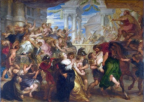Peter Paul Rubens, Der Raub der Sabinerinnen. Um 1635-40 (London,National Gallery,Rubens,Peter Paul,1577-1640,Öl/Eichenholz,17. Jahrhundert,Barock,Peter Paul Rubens,Raub der Sabinerinnen,Frauen,Entführung,römisch,Römer,Sabiner,Kampf,sich wehren,Gewalt)