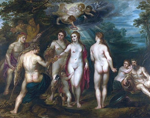 Peter Paul Rubens, Das Urteil des Paris . Um 1597-99 (London,National Gallery,Rubens,Peter Paul,1577-1640,Öl/Eichenholz,17. Jahrhundert,Barock,Peter Paul Rubens,Paris,Rückenansicht,Preis,goldener Apfel,Venus,Göttin,drei Göttinnen,Juno,Minerva,Amor,Putto,zwei Tauben,Merkur,Satyr,Wettbewerb,Urteil,Enstcheidung)