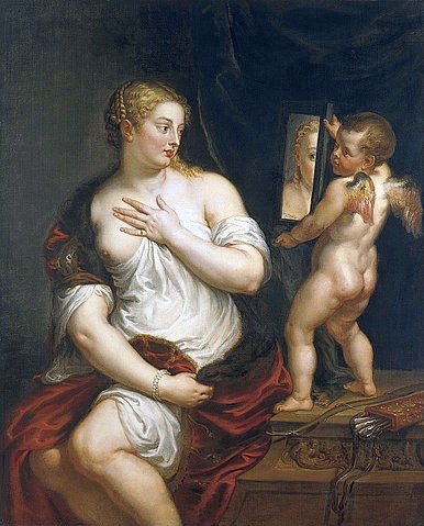 Peter Paul Rubens, Venus und Cupido. Um 1606-11 (Rubens,Peter Paul,1577-1640,Madrid,Thyssen-Bornemisza,Öl auf Leinwand,17. Jahrhundert,Barock,Peter Paul Rubens,Putto,Putte,Frau,Venus,Göttin der Liebe,sich im Spiegel betrachten,Spiegelbild,Eitelkeit,Schönheit,Amor,Toilette)