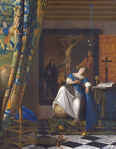 Jan Vermeer van Delft, Allegorie des Glaubens. Um 1670-72 (New York,Metropolitan Museum,Vermeer van Delft,Jan,1632-1675,Öl auf Leinwand,17. Jahrhundert,Vermeer, Jan,Allegorie,Glaube,Religion,Globus,Blick himmelwärts,nach oben schauen,Glaskugel,Apfel,Erbsünde,symbolisch,Symbole,Schlange,Satan,flämisch,Vorhang,Tapi)